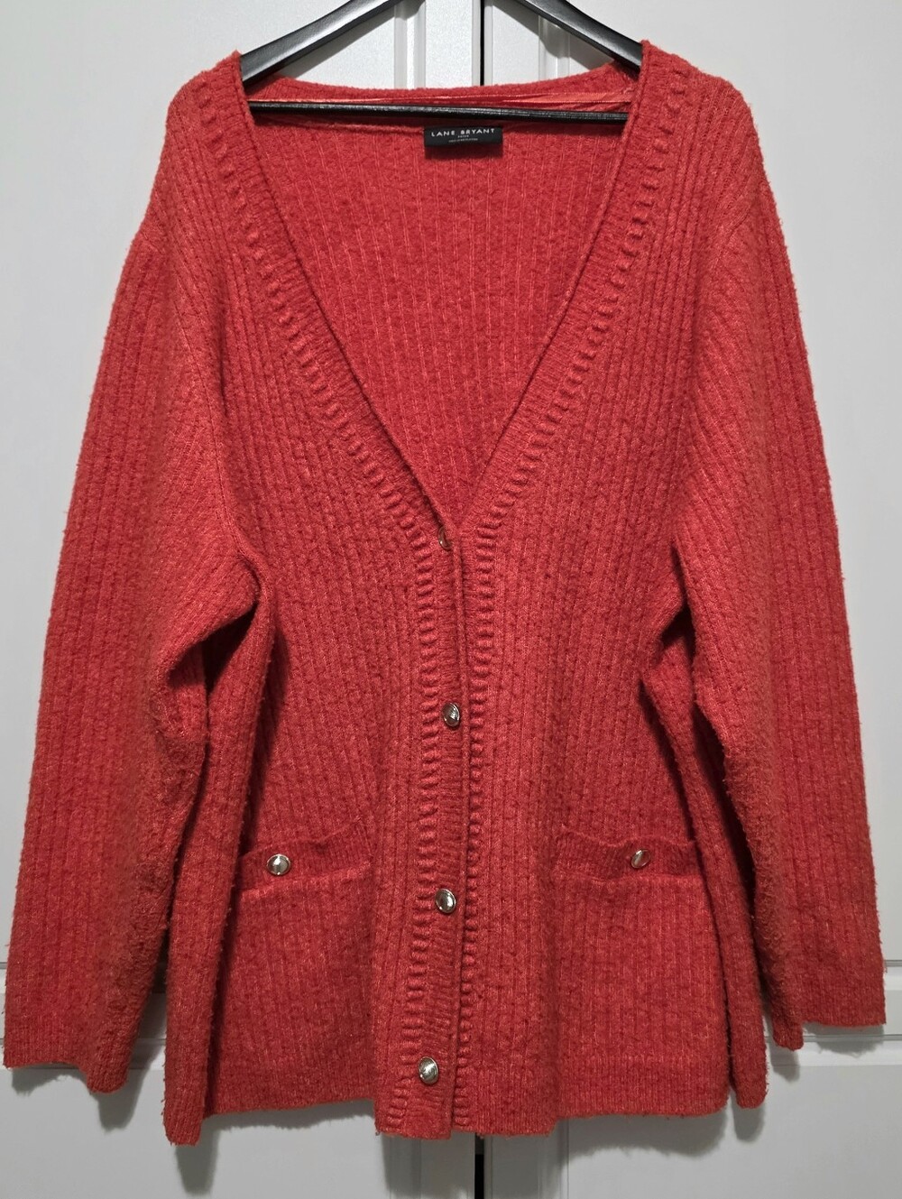 Lane Bryant Womens Coral Red Soft Ribbed Button Front Sweater Cardigan w Pockets